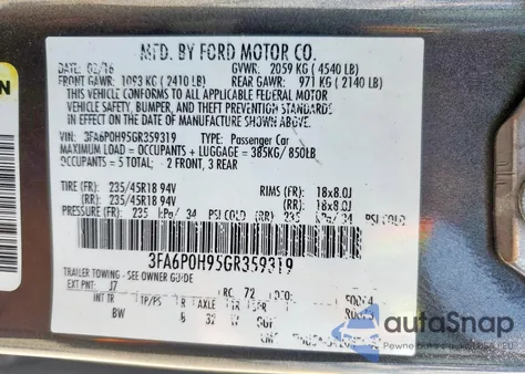 2016 Ford Fusion Se z USA, uszkodzony, nr VIN 3FA6P0H95GR359319